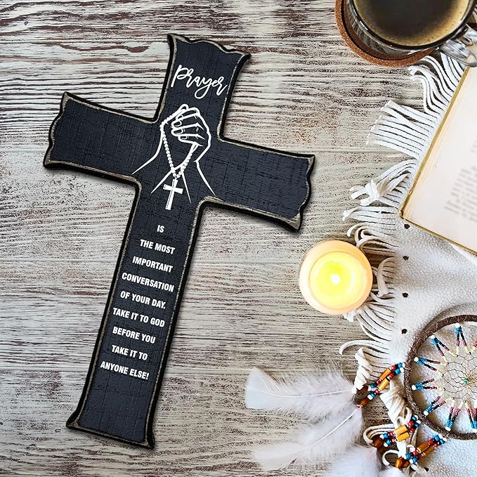 Cross Wall Decor - Black Scripture Wooden Cross For Wall - Gothic Wooden Hanging Signs Easter Decor for Home Office Church Baptism - Christian Gifts for Men Women (Prayer) - A09