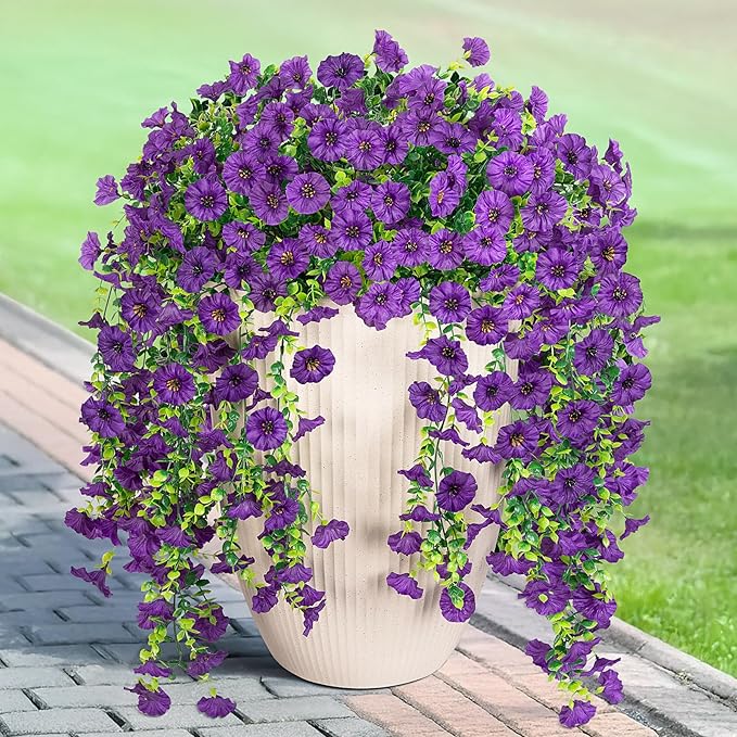 Artificial Hanging Petunias Flowers for Outdoor, 2pcs Fake Plants Long Vine Morning Glory Eucalyptus, UV Resistant Realistic Faux Greenery Outside Patio Porch Garden Spring Summer Decor, Dark Purple