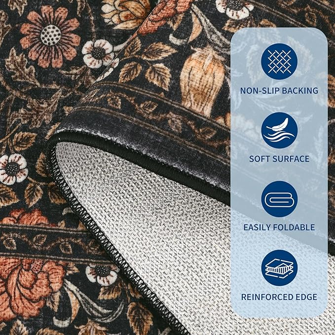 GarveeHome Brown Vintage Floral Washable 6x9 Area Rugs for Living Room Black Boho Botanical Retro Rug Low Pile Non Slip Carpet for Bedroom Nursery Dining Room