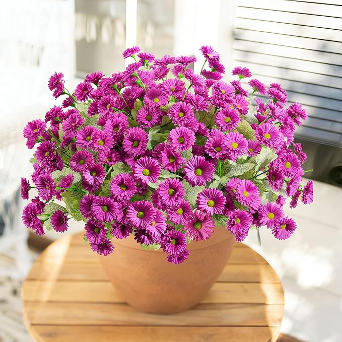 HyeFlora Artificial Flowers for Outdoors Spring Summer Outside Decor, 6 Bundles Fake Daisy Realistic Silk Flowers UV Resistant Outdoor Faux Plants for Planter Front Door Porch Balcony Yard, Fuchsia