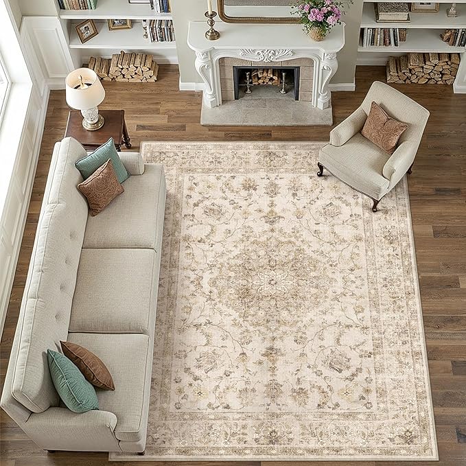 8x10 Beige Area Rug Washable Living Room Vintage Carpet Bedroom Distressed Large Non Slip Low Pile Thin Dining Room Office Medallion Accent Throw Rug