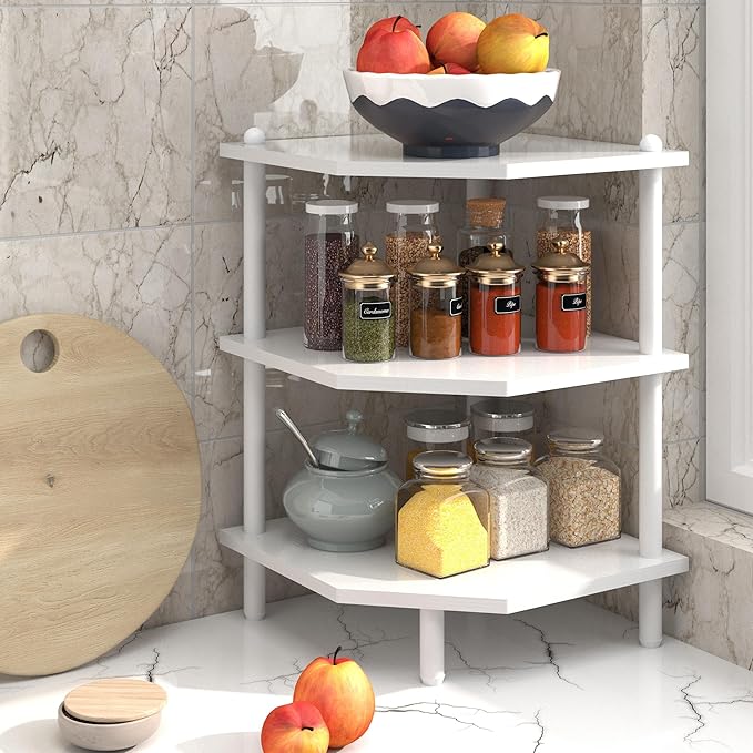 Desktop Corner Stand Shelf for Storage, 3 Tier Corner Shelf Organizer, White Shelves Rack for Small Spaces, Home Office, Kitchen, Bathroom