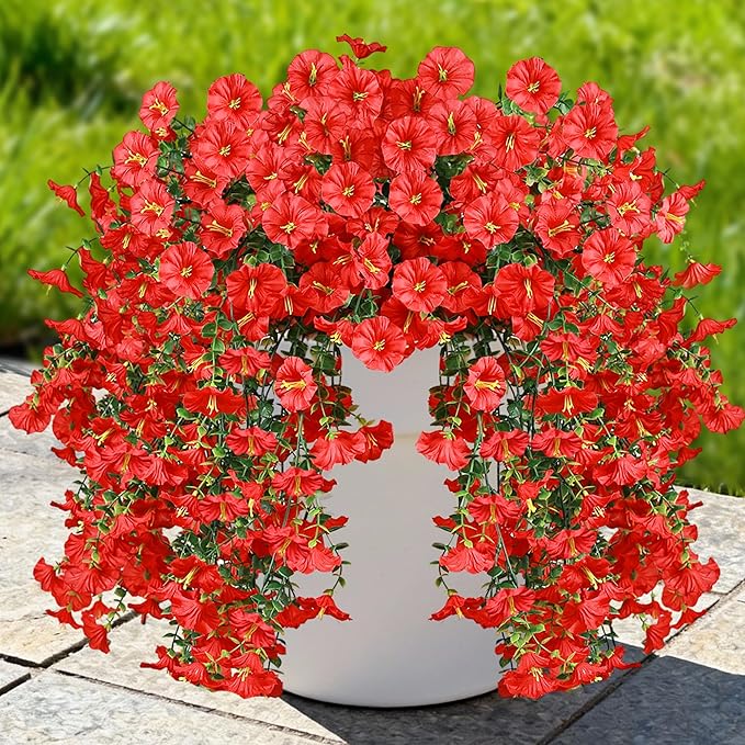 Artificial Hanging Flowers for Outdoors, 2 PCS UV Resistant Faux Silk 150 Morning Glory Each Trailing Vines, Fake Plants for Spring Outdoor Garden Planter Porch Patio Decoration, Red