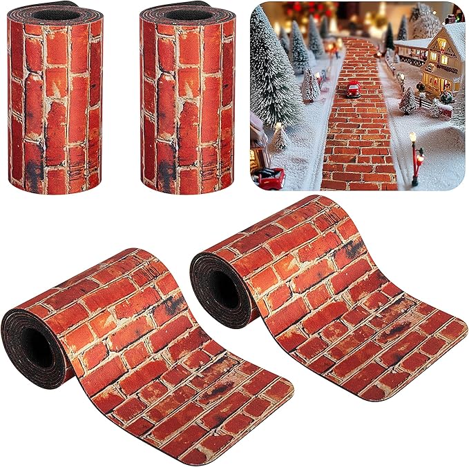 Iceyyyy 4 Pcs Christmas Village Red Brick Road-47.2 x 4.7 Inch Cuttable Christmas Village Landscape Road-Miniature Xmas Villages Accessories for DIY Home Garden Street Landscape Decorations