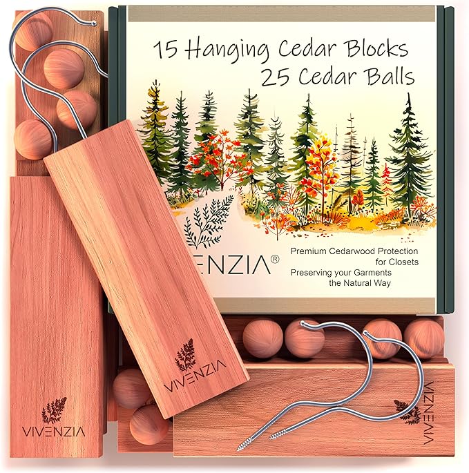 Cedar Blocks for Clothes Storage 40pcs (15 Hang-ups, 25 Balls), Cedar Blocks for Closet, Cedar for Closets, Cedar Planks, Natural Closet Smell Eliminator, Natural Closet Deodorizer