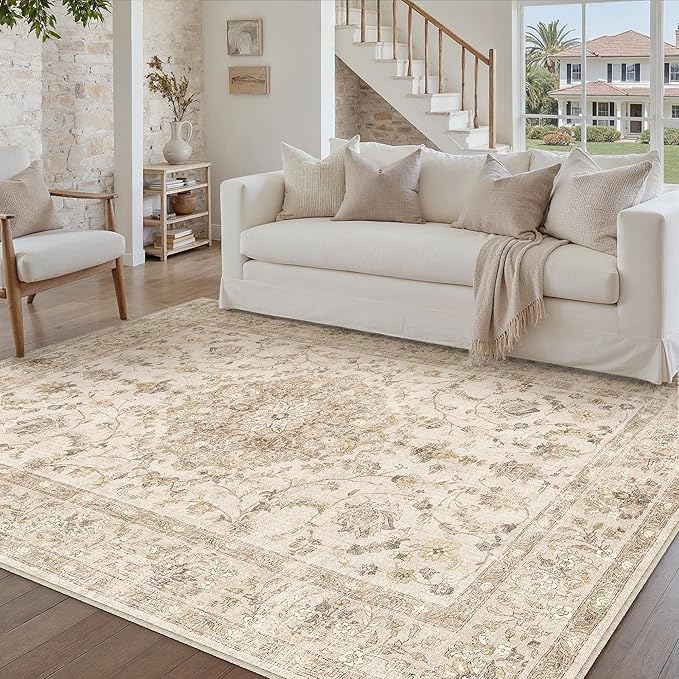 6x9 Beige Area Rug Washable Living Room Vintage Carpet Bedroom Distressed Large Non Slip Low Pile Thin Dining Room Office Medallion Accent Throw Rug