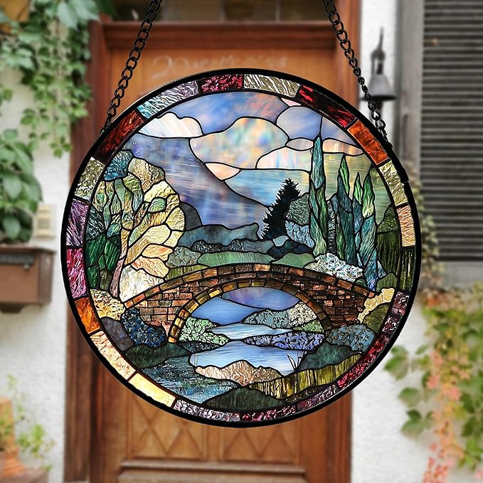 Stained Glass Window Hanging, Blue Landscape Arch Bridge Sun Catcher for Door Home Decor Suncatcher Christmas Mother's Day Birthday Gifts for Women Men Mom and Nana 11.8 in