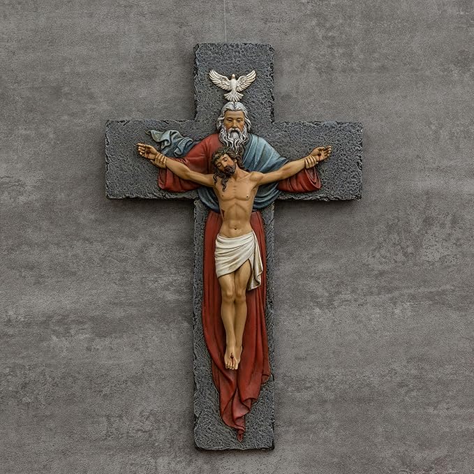 BC Catholic Holy Trinity Crucifix Wall Cross, 9.5" H Jesus Christ Wall Decor, Religious Gifts, Catholic Christian Home Decor, Renaissance Wall Sculpture handpainted by Buildclassic