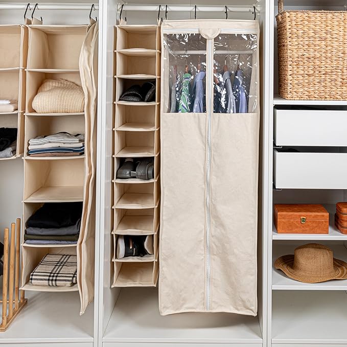 Household Essentials Hanging Shoe Organizer, 10 Wide Cubbies with Cedarline Pockets, Heavy-Duty Cotton Canvas, Removable and Industrial Hooks, Natural
