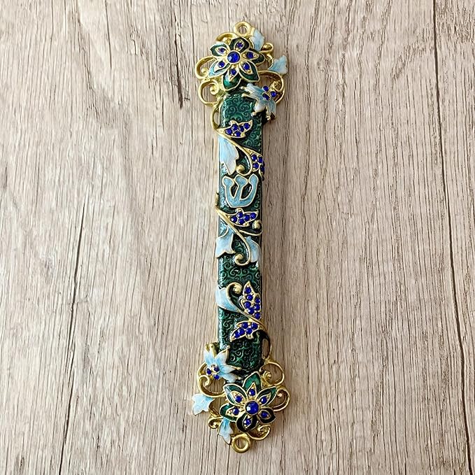 Hand Painted Mezuzah, Exquisite Enamel Mezuzah with Blue Crystal Accent