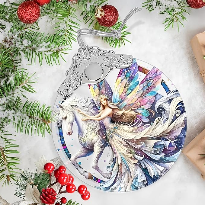 Unicorn and Fairy Stained Glass Orament - Christmas Ornament - Christmas Decorations for Tree - Holiday Present ldeas - Gift Exchange