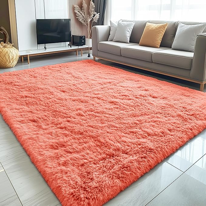 OLANLY 5x8 Machine Washable Large Area Rugs for Living Room, Bedroom, Soft Fluffy Shaggy Bedside Rug, Indoor Floor Carpet for Kids Girls and Boys, Dorms, Nursery, Home Decor Aesthetic, Coral Red