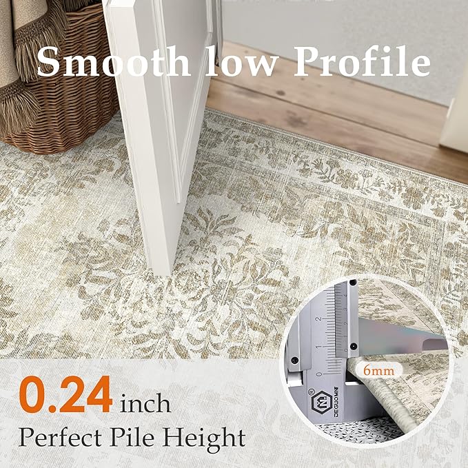 6x9 Area Rug Beige Washable Vintage Distressed Living Room Carpet Large Bedroom Indoor Medallion Floral Non Slip Retro Throw Floor Mat for Office Dining Room Kitchen Bathroom