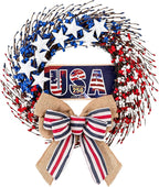 4th of July Wreath, 20 inch Patriotic Wreaths for Front Door, Red White Blue American Independence Day Memorial Day Flag Day 250th Anniversary Patriotic Home Decor Indoor Outdoor