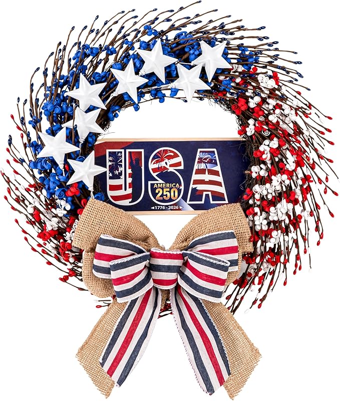 4th of July Wreath, 20 inch Patriotic Wreaths for Front Door, Red White Blue American Independence Day Memorial Day Flag Day 250th Anniversary Patriotic Home Decor Indoor Outdoor