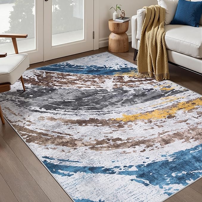 Ciicool Abstract Area Rug Indoor, 3x5 Washable Entryway Rug, Modern Throw Entry Rug with Non-Slip Backing for Bedroom Living Room Entrance Kitchen, Low-Pile Floor Carpet Doormat Grey Brown Yellow