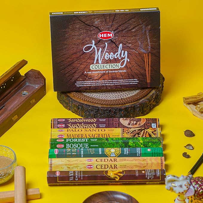 HEM Woody Series Premium Incense Sticks Combo | Sandalwood, Palo Santo, Forest, Feng Shui, Cedar & Madhur Chandan | 120 Sticks, 30-Minute Burn Time | Natural Aroma for Relaxation, Stress Relief