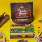 HEM Woody Series Premium Incense Sticks Combo | Sandalwood, Palo Santo, Forest, Feng Shui, Cedar & Madhur Chandan | 120 Sticks, 30-Minute Burn Time | Natural Aroma for Relaxation, Stress Relief