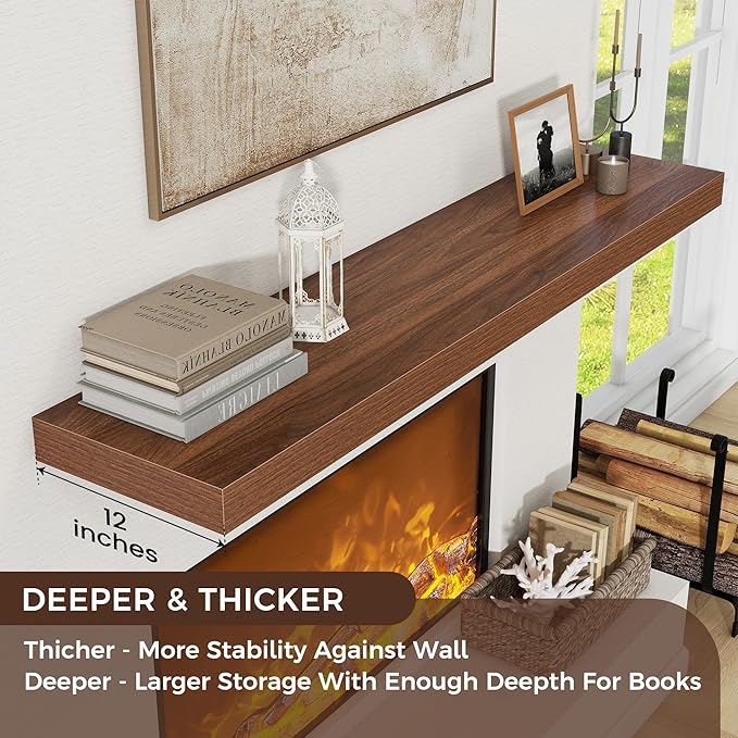 Venusmiles Floating Shelves for Wall, 55 Inch Wide x 12 Inch Deep Floating Shelves, Long Wood Floating Wall Shelf Shelves for Living Room Bathroom Bedroom Kitchen Home - (Walnut, 55" W x 12" D x 2" H)