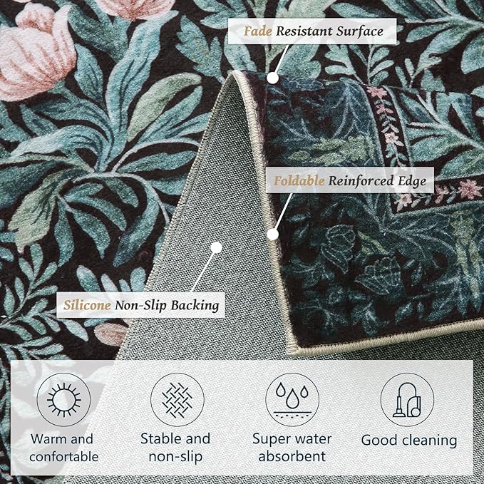 Washable Entryway Area Rugs 2x3 Black Green Vintage Floral Botanical Pattern,Perfect for Soft Door Mat Indoor Entrance, Ultra-Thin Easy Clean Small Throw Carpet for Bedroom Bathroom
