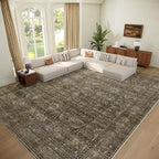 Washable 10x14 Area Rugs for Living Room, Boho Non-Slip Vintage Distress Large Rugs for Bedroom Dining Room Office, 0.3" Neutral Oriental Throw Thin Carpet, Rust/Multi
