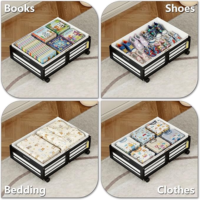 Under Bed Storage Containers with Wheels, Larger Bamboo Wood Under Furniture Storage Containers with Dust Bags，Rolling for Shoes Clothes
