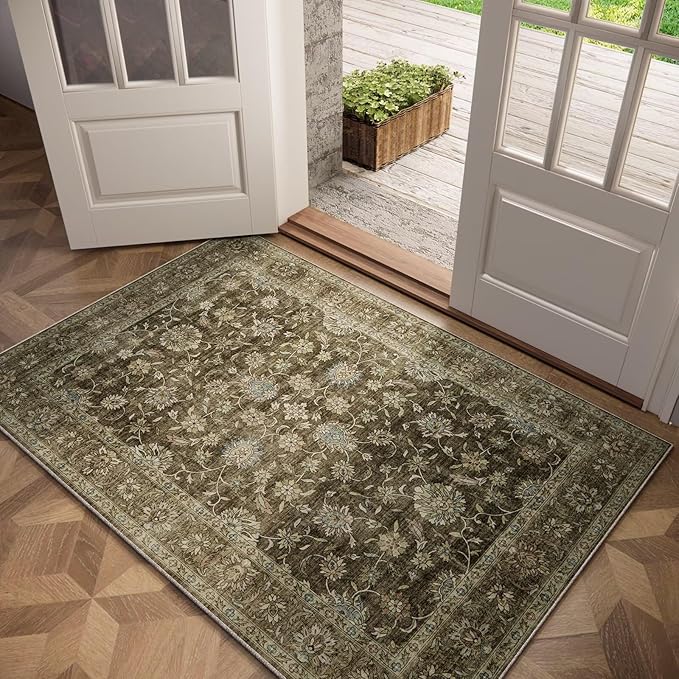 Washable 3x5 Entryway Rug, Boho Non-Slip Vintage Distress Small Rugs for Kitchen Nursery Office Bedroom, 0.3" Neutral Oriental Throw Thin Carpet with Cushioning Pad, Tan/Flaxen/Multi