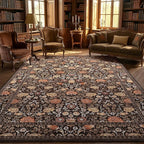 GarveeHome Brown Vintage Floral Washable 8x10 Area Rugs for Living Room Black Boho Botanical Retro Rug Low Pile Stain Resistance Non Slip Carpet for Bedroom Nursery Dining Room
