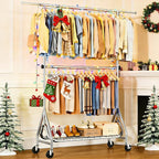 Heavy Duty Clothes Rack for Hanging Clothes, Double Rods Clothing Rack with Lockable Wheels, Rolling Garment Racks with Shelf, Easy to Assemble, Silver