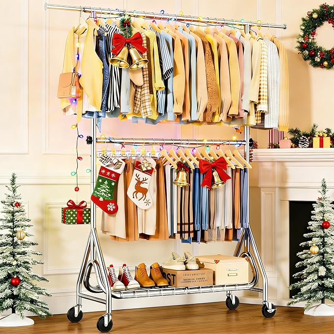 Heavy Duty Clothes Rack for Hanging Clothes, Double Rods Clothing Rack with Lockable Wheels, Rolling Garment Racks with Shelf, Easy to Assemble, Silver