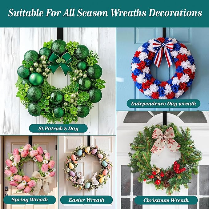 HOOSUN Wreath Hangers for Front Door 4th of July Decorations,12" Patriotic Wreath Hook Holder,Over The Door Hooks Hanger,Metal Garland Hangers Hook for Spring Summer Wreath Porch Decor(2 Pack)