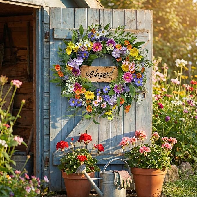 22 Inch Spring Summer Wildflower Wreath for Front Door, Colorful Floral Welcome Wreath with Blessed Sign Daisies Peonies for Wall Door and Porch Farmhouse Home Decor