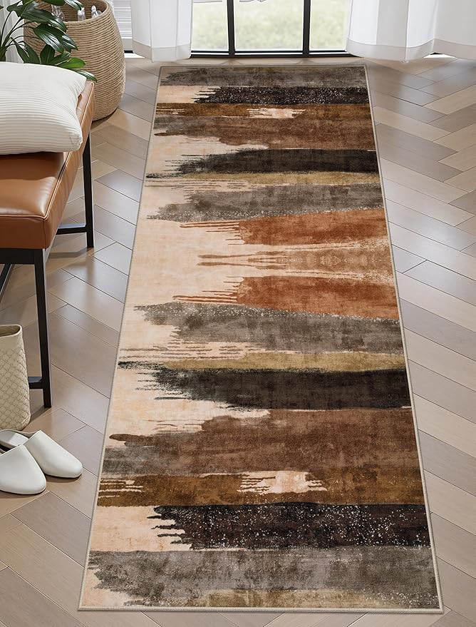 Ciicool 2x6 Washable Runner Rug, Modern Abstract Hallway Rugs Runner, Non-Slip Thin Accent Rug Lightweight Brown Grey Print Distressed Carpet for Laundry Entryway Bedroom Kitchen Indoor