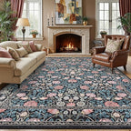 GarveeHome Indigo Blue and Pink Vintage Floral Washable 6x9 Area Rugs for Living Room Boho Retro Rug Low Pile Stain Resistance Non Slip Carpet for Bedroom Nursery Dining Room