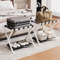 26.77" Full Assembled Luggage Rack for Guest Room, Set of 2 Bamboo Foldable Suitcase Stand, Bedroom & Hotel, Folding Luggage Holder with 5 Nylon Straps, 600D Oxford Fabric Shelf White