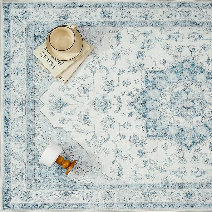 Blue Area Rug 2x3 Washable Vintage Small Carpet for Entryway Kitchen Soft Retro Low Pile Thin Door Mat Non Slip Oriental Medallion Throw Rug for Bathroom Office Bedroom Dining Room