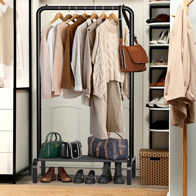 Simple Houseware 30 Inch Narrow Freestanding Garment Rack with Storage Shelf – Slim & Space-Saving Closet Organizer, Black