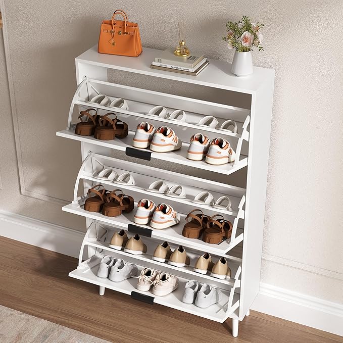 Shoe Cabinet for Entryway with 3 Flip Drawers, Slim Wooden Shoe Storage Organizer with Modern Fluted Pannel，Freestanding Narrow Hidden Shoe Rack for Hallway, Foyer, Living Room