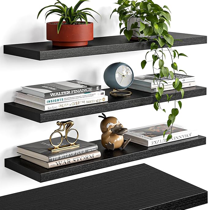 YUFLINX 23’’Black Floating Shelves for Wall,Rustic Wood Shelf for Room Decor/Storage/Display,Small Bookshelf,Wall Mounted Hanging Shelves for Bedroom, Bathroom, Living Room, Kitchen,Set of 4