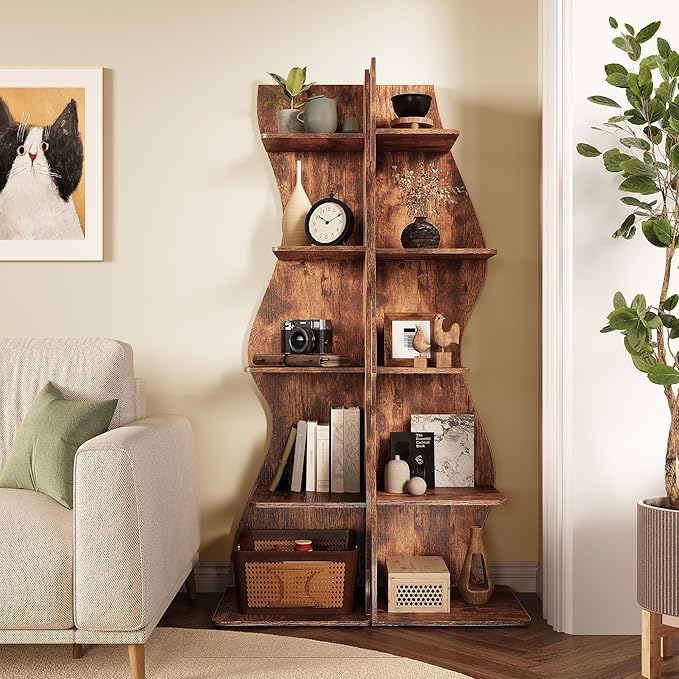 LITTLE TREE 70-Inch Corner Shelf, Seaweed Shaped Etagere Display Bookshelf, Freestanding 5-Tier Wall Shelves for Small Spaces, Living Room, Bedroom, Rustic, 1 Pack