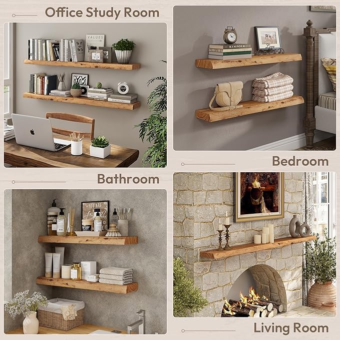 Marsmiles 48 inch Floating Shelves for Wall Elm Wood Live Edge Shelves Wall Mounted|Rustic Long Floating Shelves with Invisible Bracket for Bathroom Living Room Kitchen|Natural, 1 Pack