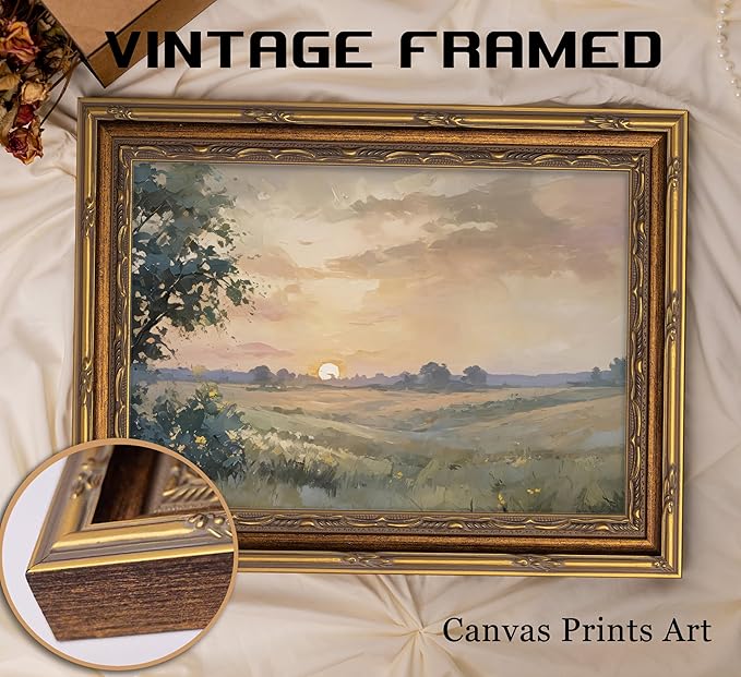 Vintage Gold Framed Wall Art Retro Fall Sunset Country Oil Painting Canvas Prints Watercolor Autumn Landscape Picture Rustic Farmhouse Soft Nature Poster Artwork for Living Room Bedroom, 12x16in