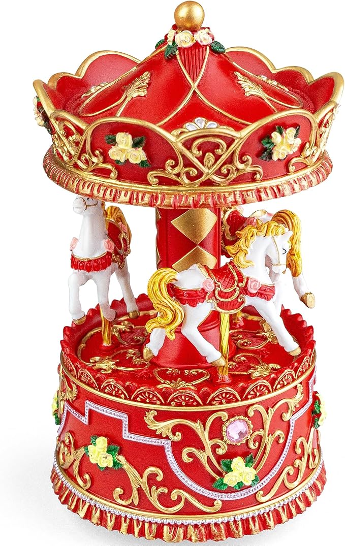 Christmas Carousel Music Box with Lights, Rotating Wind Up Musical Merry-Go-Round Figurine, Hand Painted Holiday Collectible Decor, Plays Jingle Bells, Gift for Kids, Girls, Women