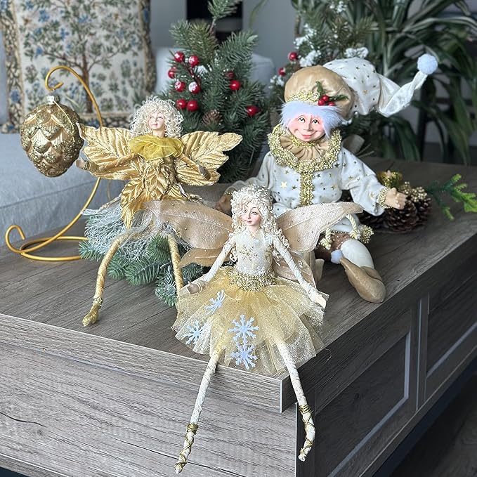 STP GOODS Christmas Decor Collectible Doll 12" Figurine for Home Decor & Holiday Posable Fairy Doll Indoor Christmas Seasonal Decoration Collectible Doll (Fairy in Gold)