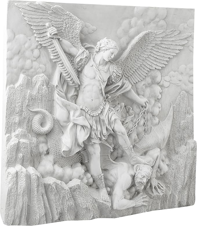Design Toscano Michael the Archangel Slaying Demon Indoor/Outdoor Wall Frieze Sculpture, 22 inches wide, Cast Stone Resin, Antique Stone Finish