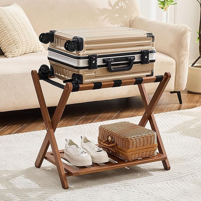 Fully Assembled Luggage Rack, Walnut Luggage Rack for Guest Room, Bamboo Folding Suitcase Stand with Storage Shelf, 5 Nylon Straps, Heavy Duty Luggage Holder for Bedroom Hotel, 1 Pack
