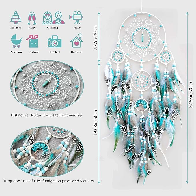 Large Dream Catchers,Boho Handmade Woven Turquoise Dream Catcher Wall Hanging Ornament for Bedroom Living Room Apartment Wedding Party Decor, Festival Blessing Gift (White+Turquoise)