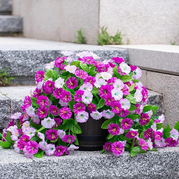 Artificial Flowers with Hanging Basket, Outdoor Faux Plants Silk Morning Glory Vines, Fake Green Arrangement for Garden Patio Spring Summer Decor(Darkorchid)