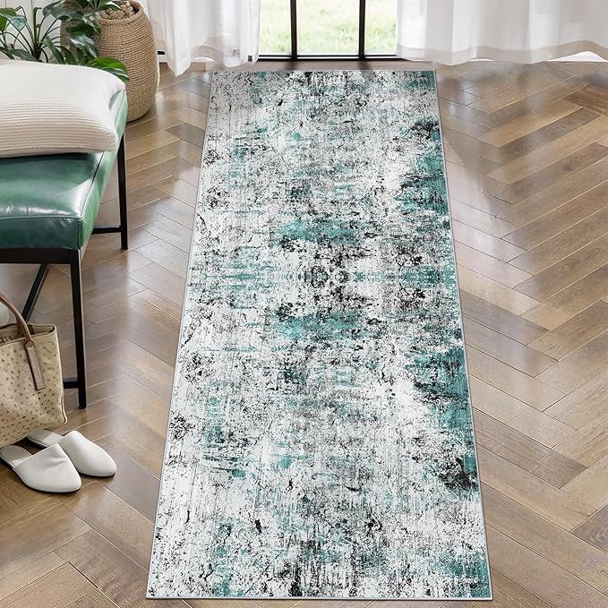 Ciicool 2x6 Washable Runner Rug, Modern Abstract Hallway Runner, Non-Slip Thin Accent Rug Lightweight Teal Black Print Distressed Carpet for Laundry Entryway Bedroom Kitchen Indoor