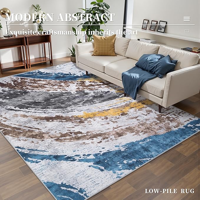 Ciicool Abstract Area Rug Indoor, 3x5 Washable Entryway Rug, Modern Throw Entry Rug with Non-Slip Backing for Bedroom Living Room Entrance Kitchen, Low-Pile Floor Carpet Doormat Grey Brown Yellow
